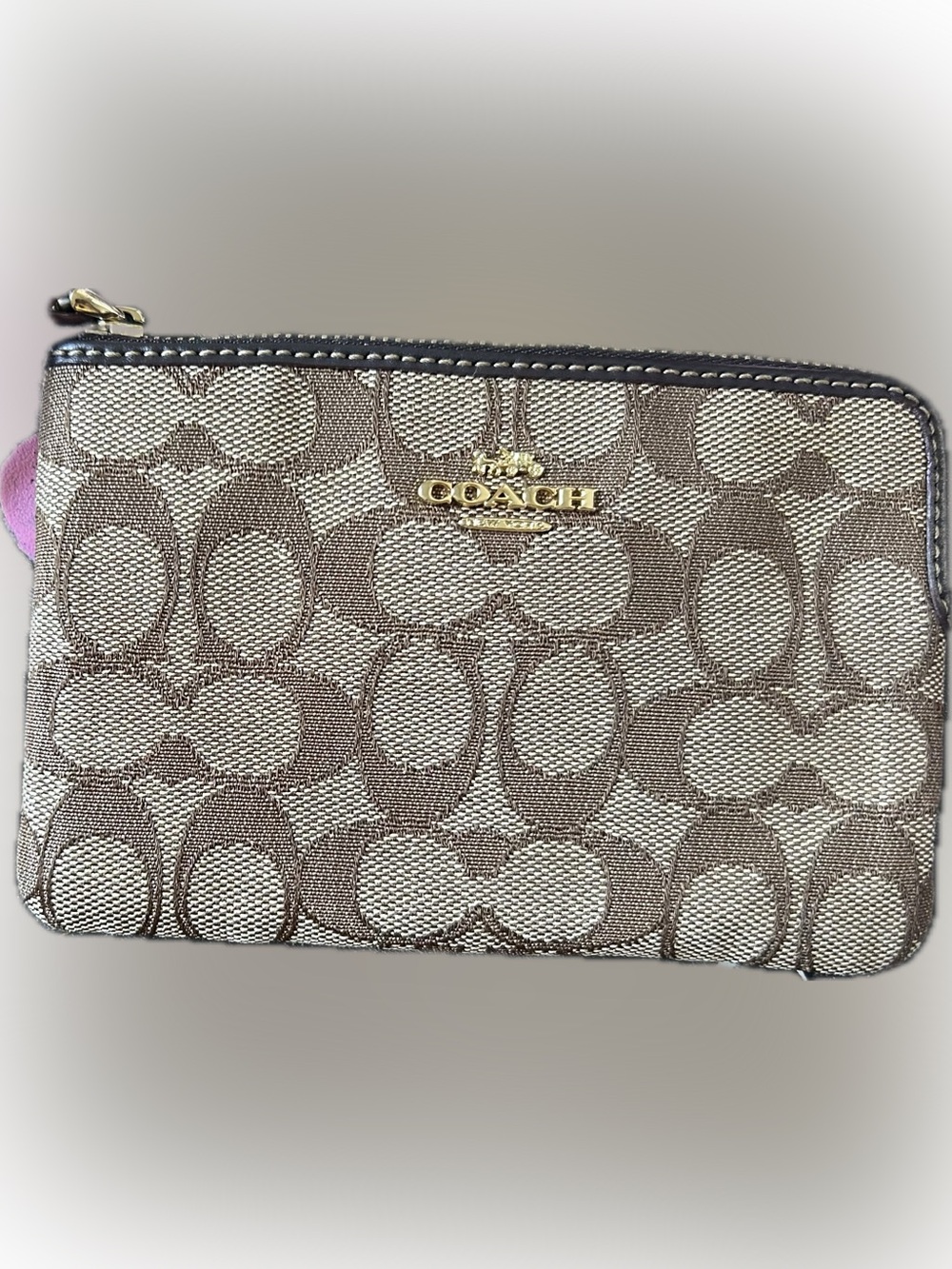 Coach Signature Jacquard Card Case in Khaki and Tan with Gold Logo